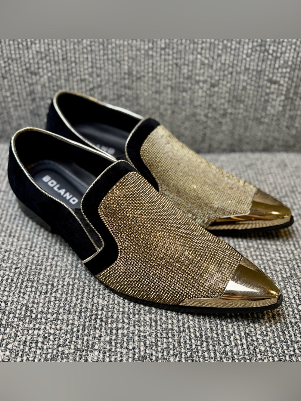Bolano x Amali Dezzy Rhinestone Smoking Slippers Gold Black Loafers 12